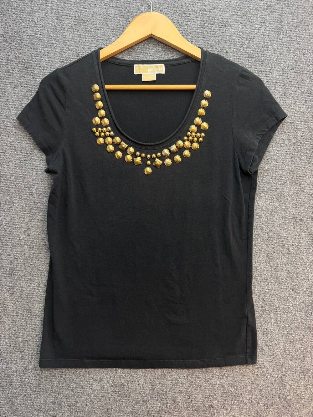 MICHAEL Michael Kors Womens M Black Gold Studded Scoop Neck Short Sleeve Top